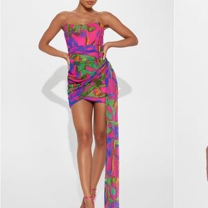 Fashion Nova Hot Pink Multi Strapless Ruched Mini Dress with Side Sash